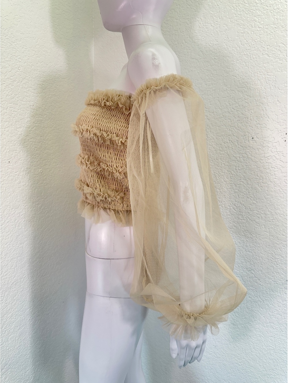 Beige Off-Shoulder Ruffle Mesh Crop Top - Picture 2 of 6